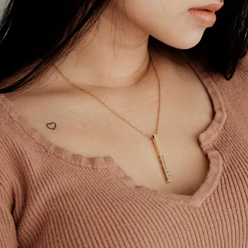 Customized Personality Engrave Coordinates Name Stainless Steel Bar Necklace Pendant Men Women Valentines Day Gift for Lovers