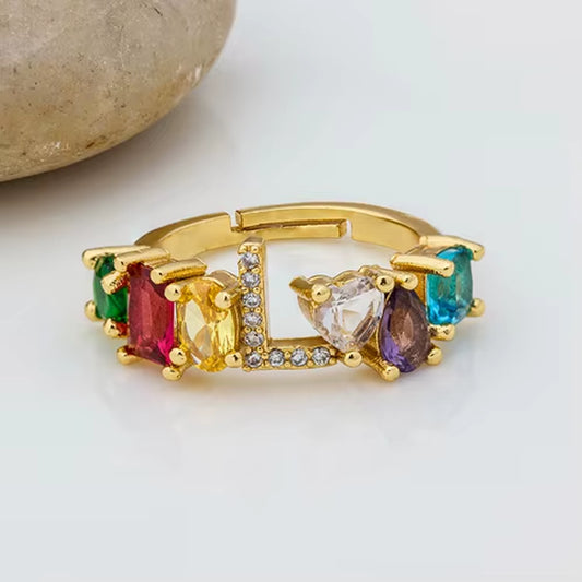 Hot Sale Adjustable A-Z Initial Ring Bohemian Copper Zircon Rainbow Letter Rings for Women Girls Party Wedding Jewelry Gift