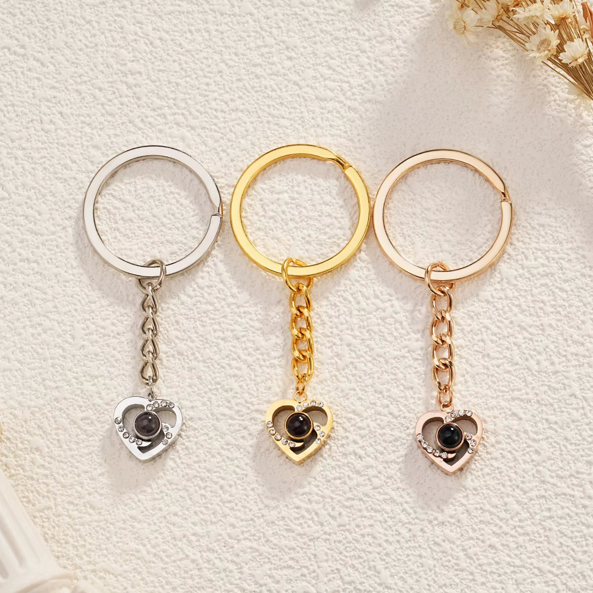 Custom Projection Keychain Stainless Steel Heart-Shaped Projection Keychain with Diamond Valentine'S Day Commemorative Gift